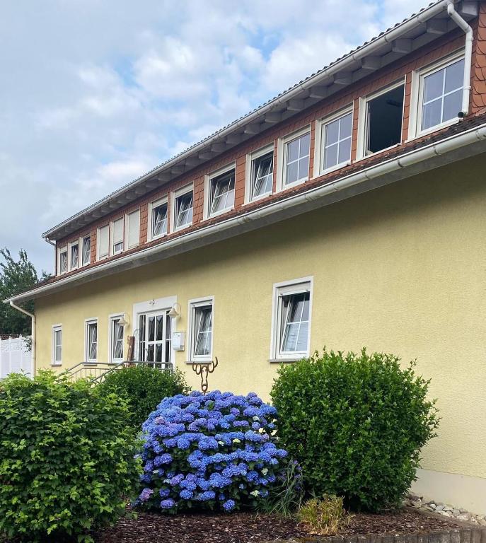 una casa gialla con fiori blu davanti di Ferienwohnung Waldblick a Scheidt