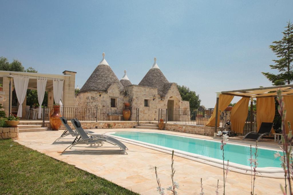 une maison avec une piscine dans la cour dans l'établissement Trulli del Carrubo by Apulia Hospitality, à Locorotondo