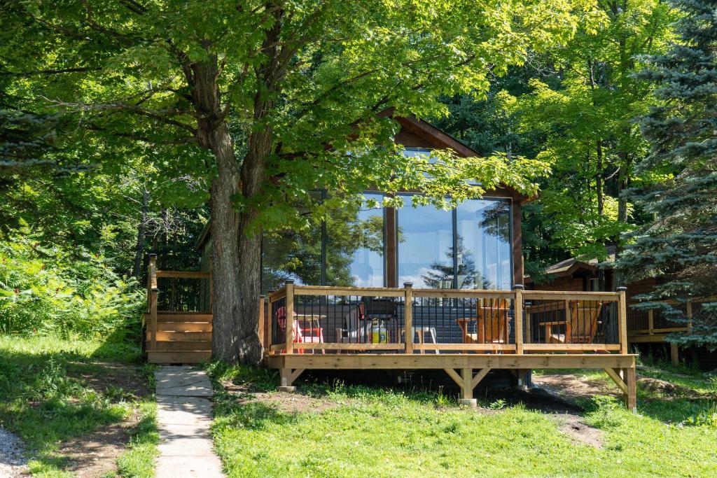 卡灵港Lake Muskoka Deluxe 2-bdrm Cottage - Pier 100 #60的前面有一棵树的木屋
