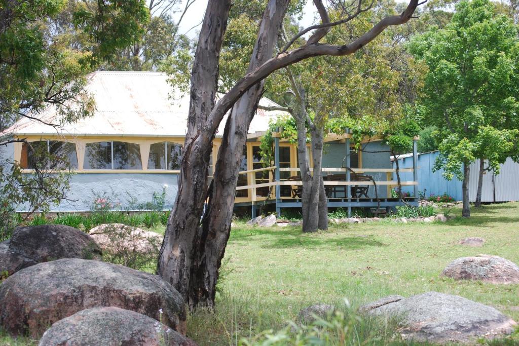 a house with a tree and rocks in the grass at Twisted Gum Vineyard Cottage in Ballandean