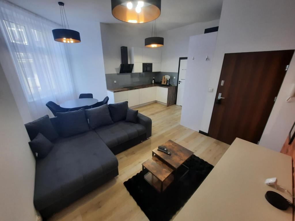 un salon avec un canapé noir et une table dans l'établissement Apartament Jagiellońska, à Bydgoszcz