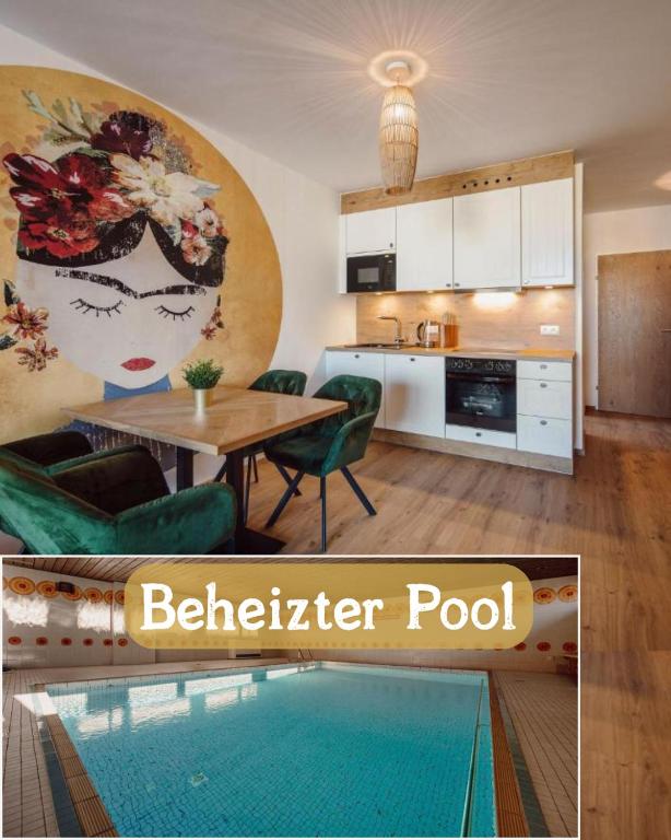 a kitchen and a living room with a table and chairs at Apartment Frida in Flachau