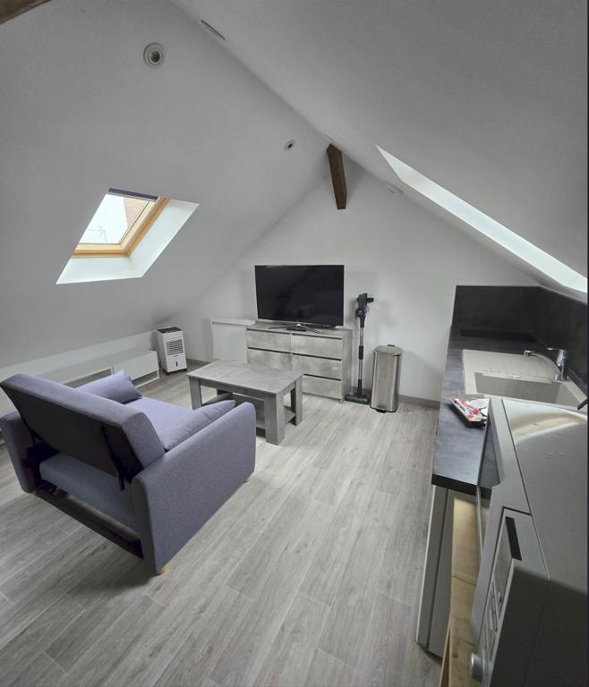 un salon avec un canapé et une télévision dans l'établissement Studio cosy proche centre-ville, à Reims