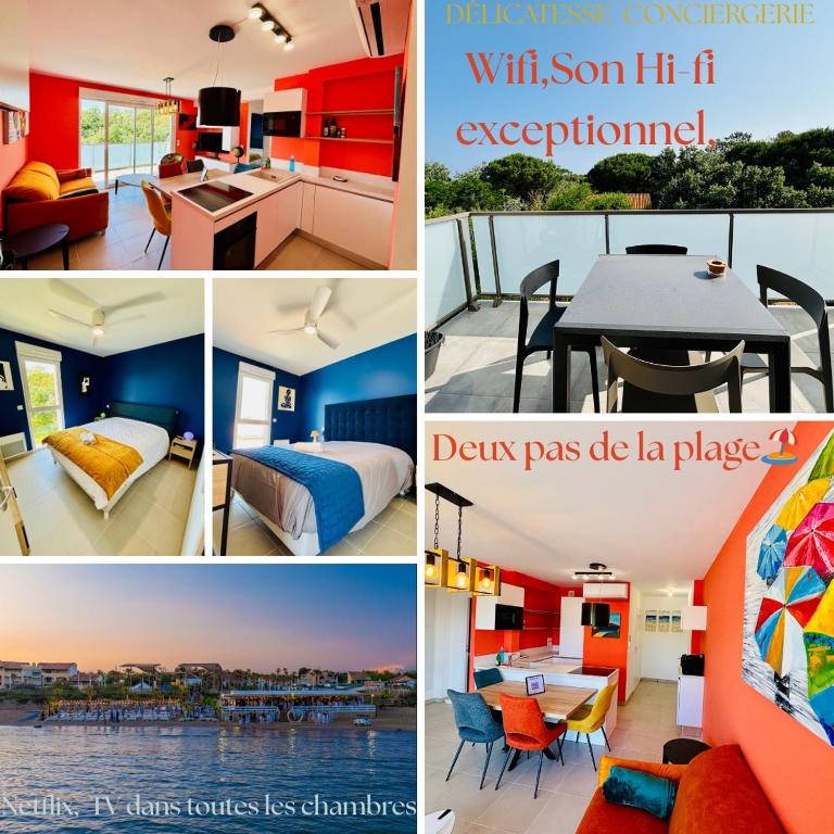 un collage de photos d'une chambre d'hôtel dans l'établissement Haut Standing ACCÈS DIRECT MER 3min à pieds,Parking privée, Wifi, Netflix, à Vias