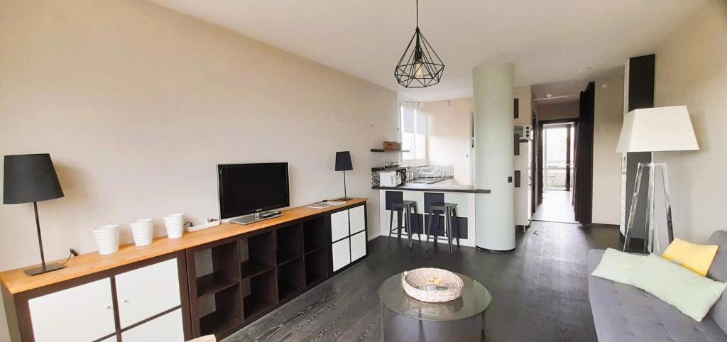 a living room with a television and a couch and a table at Type 2 Catho Esa in Angers