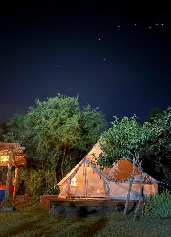 a tent sitting in the grass at night at GLAMPING RANCHO ALEGRE in Merlo