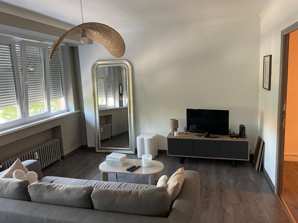 a living room with a couch and a tv at Hypercentre - Bel appartement cosy 65m Tourcoing in Tourcoing