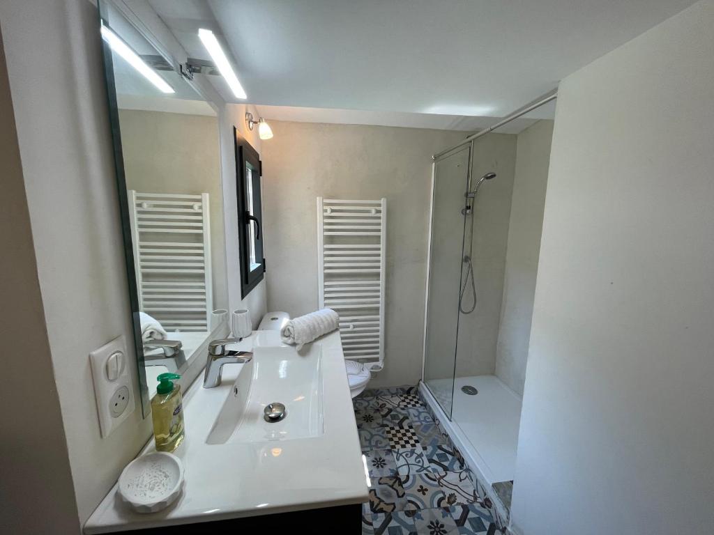 a white bathroom with a sink and a shower at Cap sur la mer - casa Paoli in Brando