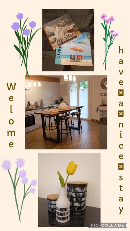 un collage de photos d'une cuisine et d'une table avec des fleurs dans l'établissement Maison Les Hirondelles, à Carcassonne