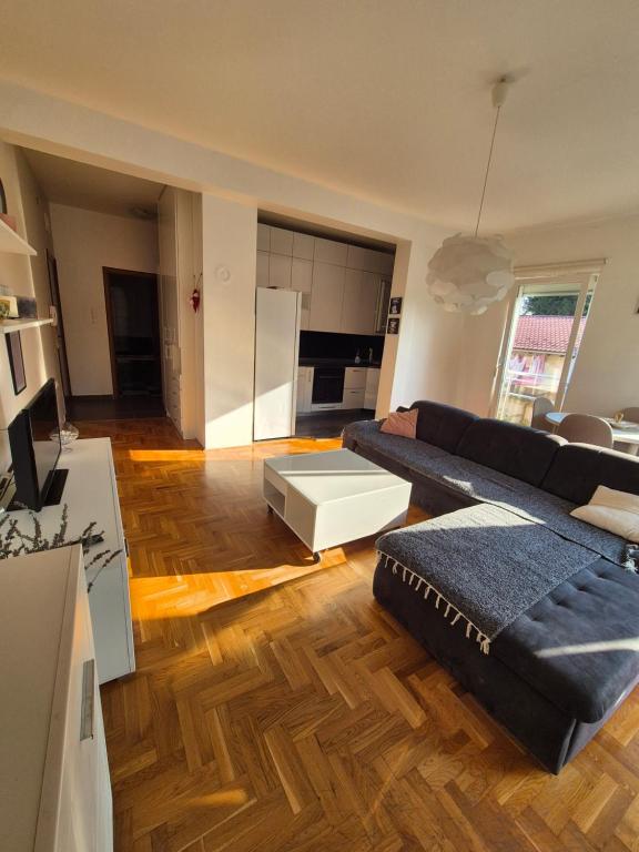 Una sala de estar con un sofá y una cocina. en Apartman Dvojka Banjaluka, en Banja Luka