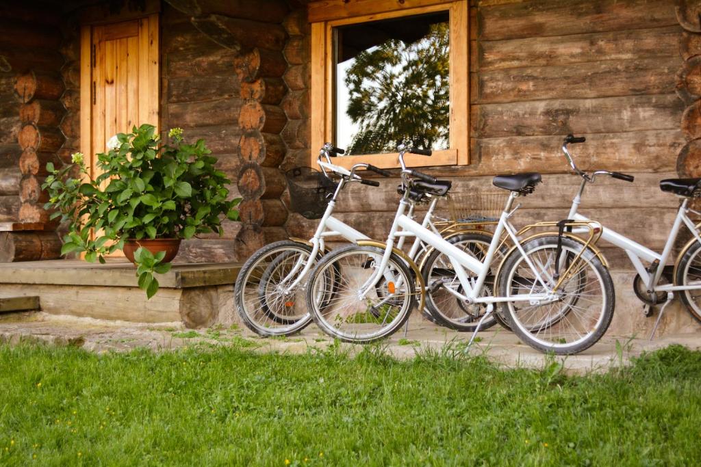 tres bicicletas estacionadas fuera de una cabaña de madera en Brīvdienu māja Kažoki en Ēdole