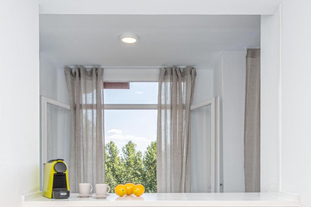 a window in a kitchen with oranges on a window sill at Milenial Immo Marignane - Apartment 500m Dalí Figueres in Figueres