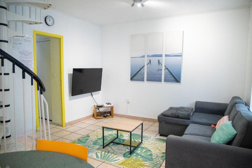 ein Wohnzimmer mit Sofa und Fernseher in der Unterkunft Maison CALAIS centre ville L in Calais