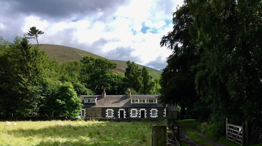 una casa en un campo con una colina en el fondo en Wood Cottage, en Peebles