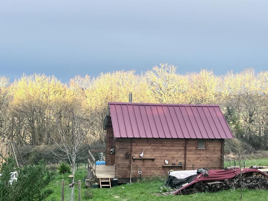 a wooden cabin with a red roof in a field at La casita in Villefranque