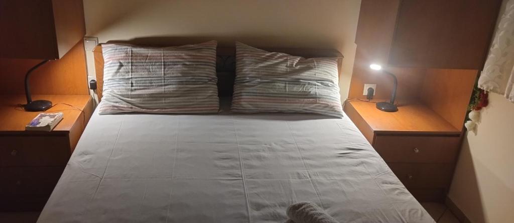 a bed with two pillows on it in a room at ΜΟΝΟΚΑΤΟΙΚΙΑ ΑΝΕΞΑΡΤΗΤΗ ΣΕ ΚΕΝΤΡΙΚΟ ΔΡΟΜΟ in Lixouri