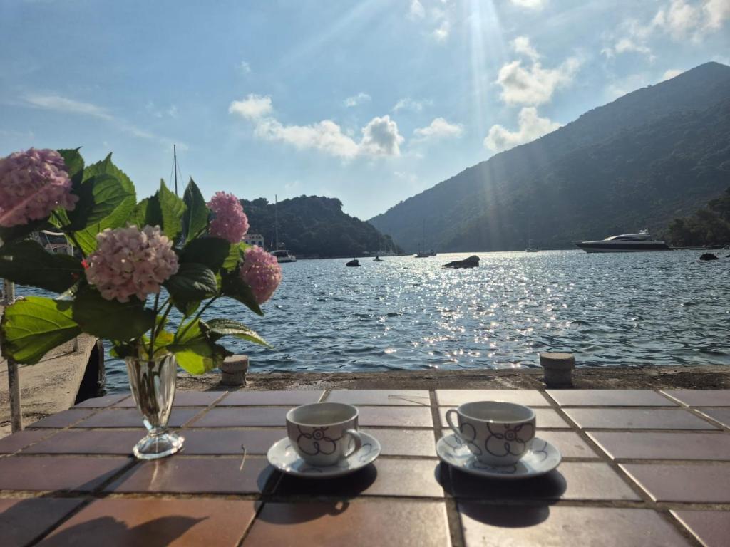 a table with two cups and a vase of flowers at Apartments Paolo in Okuklje