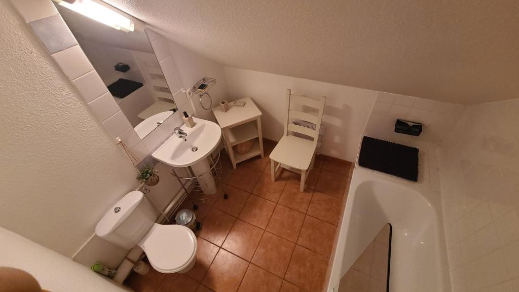 une petite salle de bain avec toilettes et lavabo dans l'établissement Charmant Duplex en bord de Dordogne - Argentat- Corrèze, à Argentat