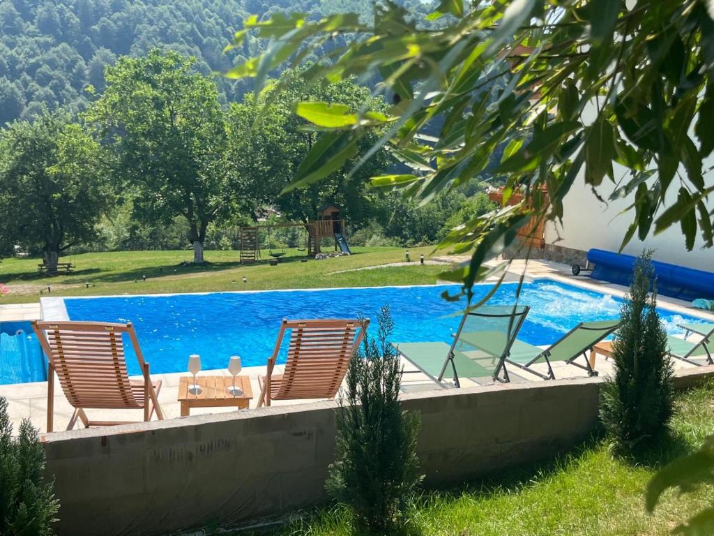 a group of chairs sitting next to a swimming pool at Friends & Family Moieciu in Moieciu de Jos