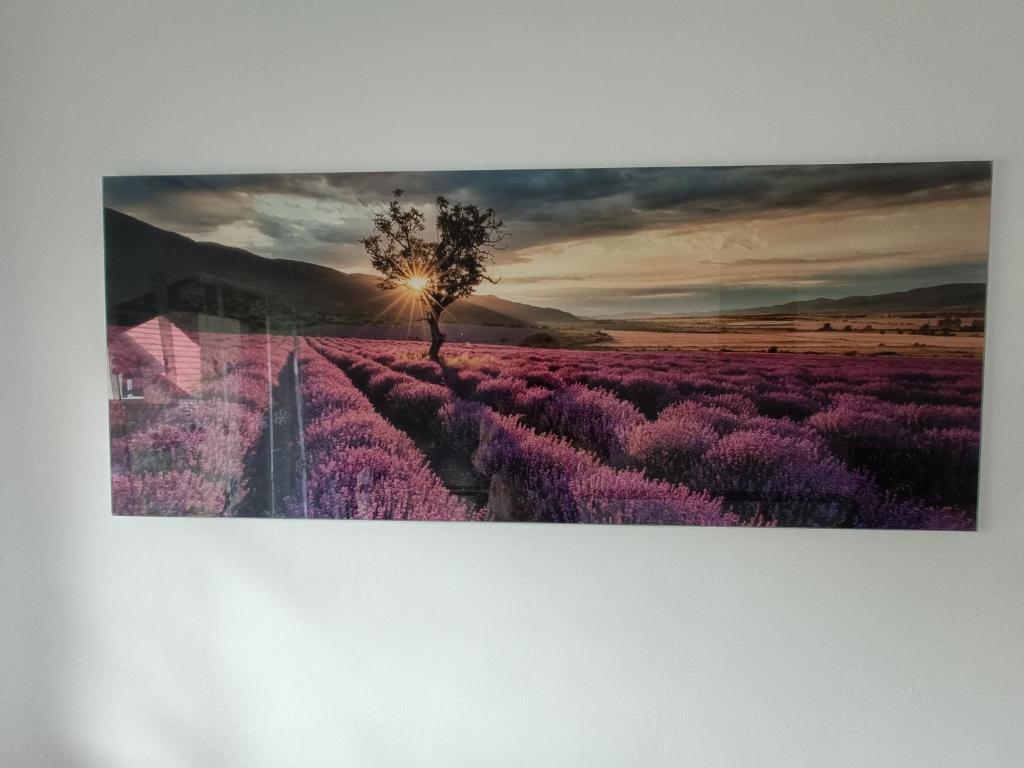 a painting of a tree in a lavender field at Colț de lavandă in Braşov