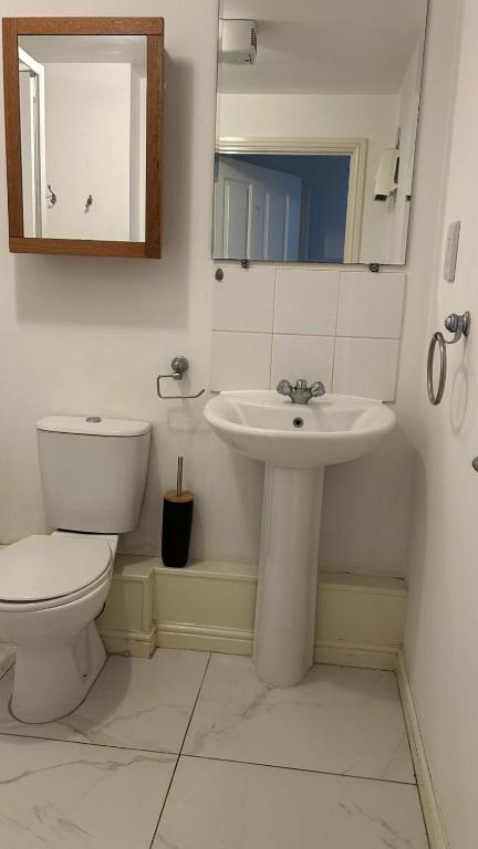 a bathroom with a toilet and a sink and a mirror at comfy residence in Moffat
