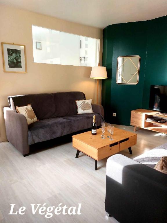 un salon avec un canapé et une table basse dans l'établissement Les Belles Terrasses Dieppe ,3 appartements , LE VEGETAL de 1 à 8 personnes , LE TROPICAL de 1 à 6 personnes , LE FLORAL avec TERRASSE de 1 à 3 personnes , quartier calme au stationnement gratuit à coté de l'avenue verte, à Dieppe