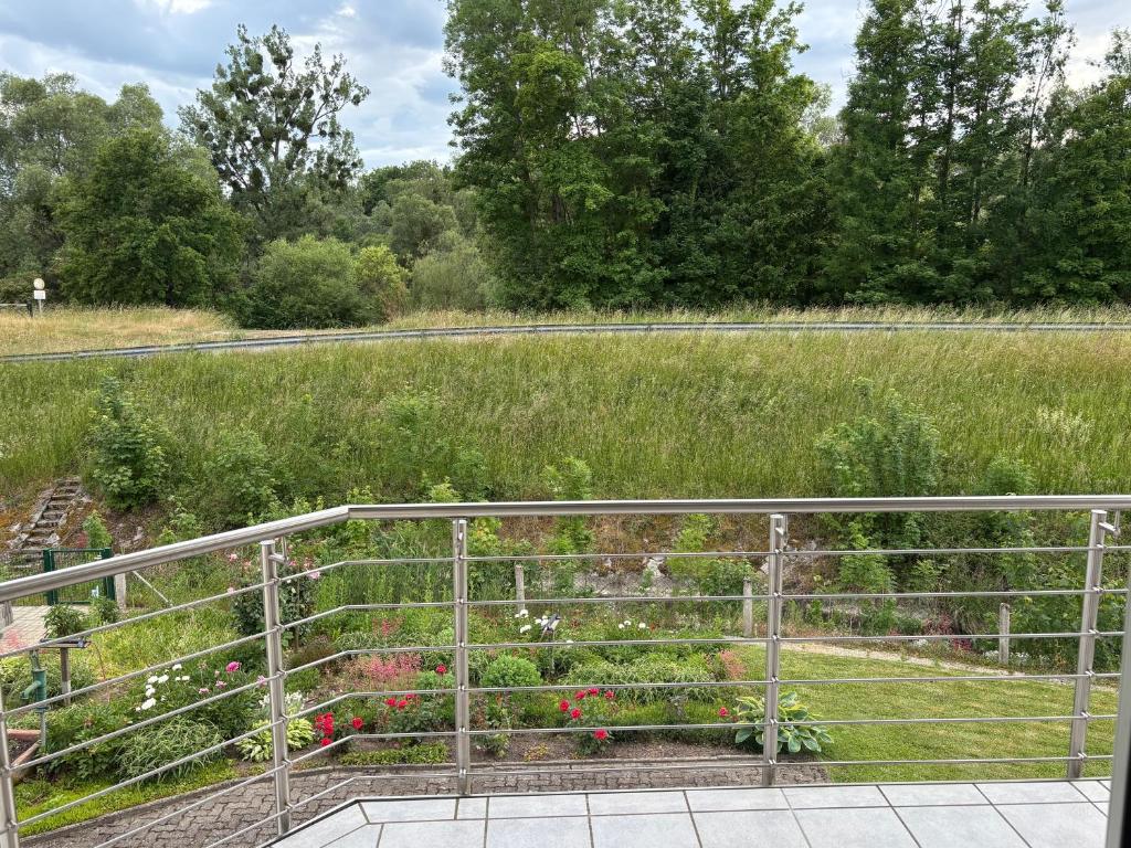 a garden with a fence and a field of flowers at Naturblick am Dorfausgang in Rheinau