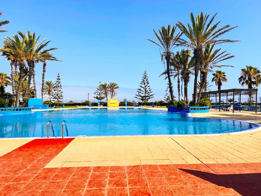 a large swimming pool with palm trees in the background at Palm beach in Mansouria in O Ben Slimane