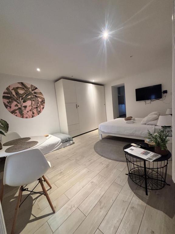 Habitación grande con cama, mesa y TV. en Noelle apartment, en Rovinj