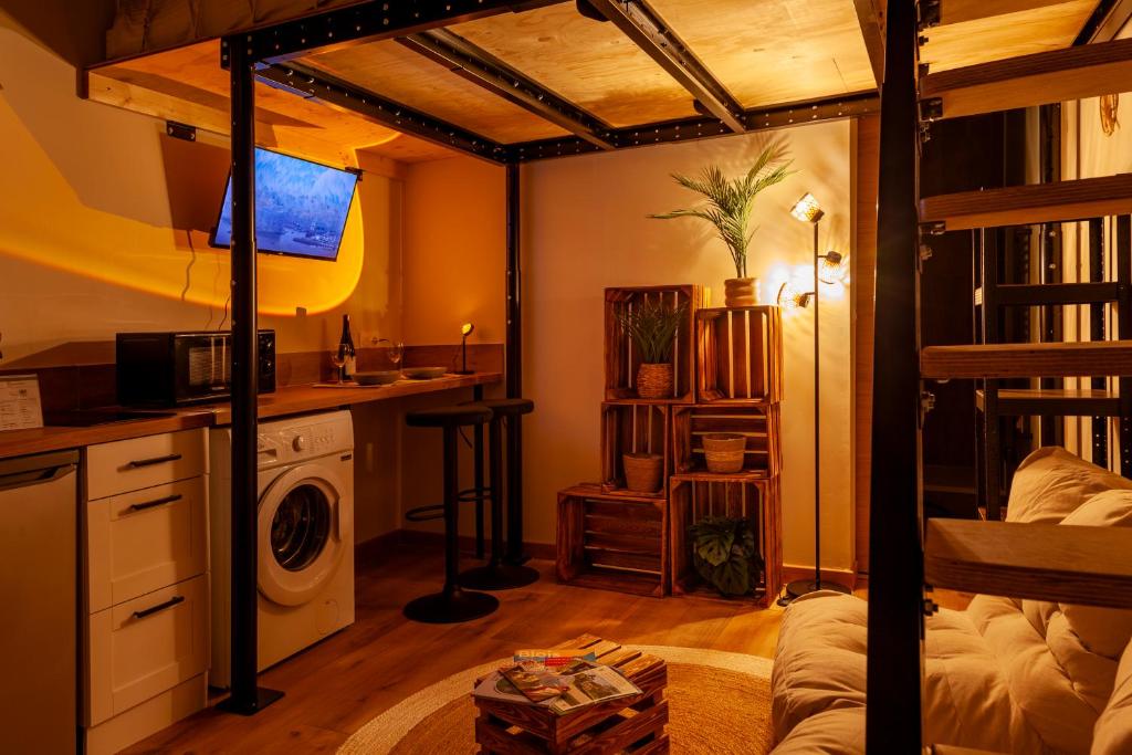 a living room with a bunk bed and a washer at Cabane suspendue en plein coeur de Blois in Blois