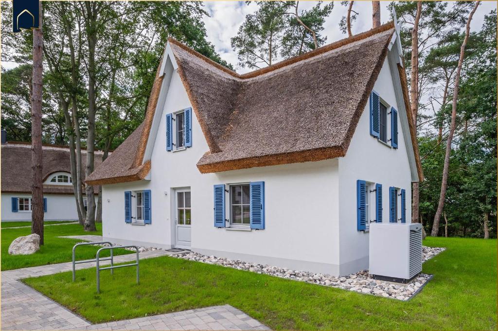 a house with blue shutters and a roof at Fischerdorf Ferienhaus Seeadler in Zirchow