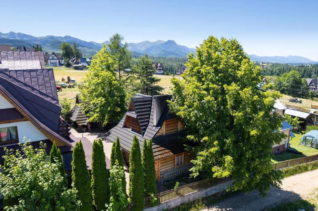 an aerial view of a house with trees at DOMEK GÓRALSKI z kominkiem TATRA COTTAGE in Murzasichle