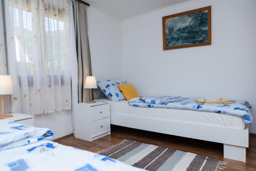 Un dormitorio con dos camas y una ventana. en The grandfather's estate, en Brušane