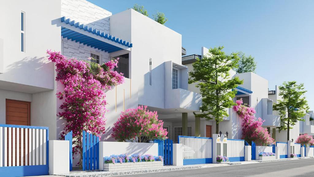 an architectural rendering of a white building with pink flowers at Airport S4 Apartment in Negombo