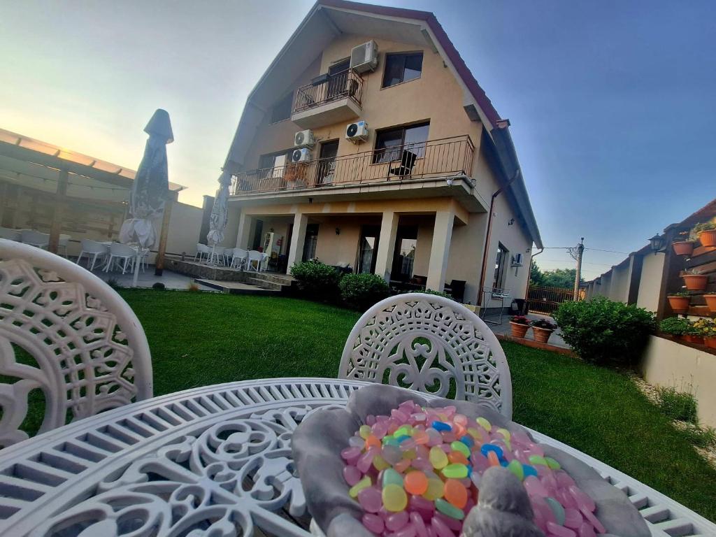a table with a bowl of sprinkles on it in front of a house at Vila De la Lugas in Oradea
