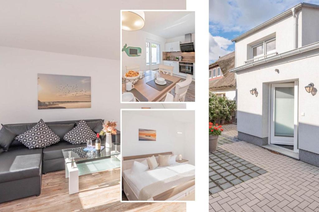 a collage of photos of a living room and a house at Ferienwohnung Haffblick in Kamminke