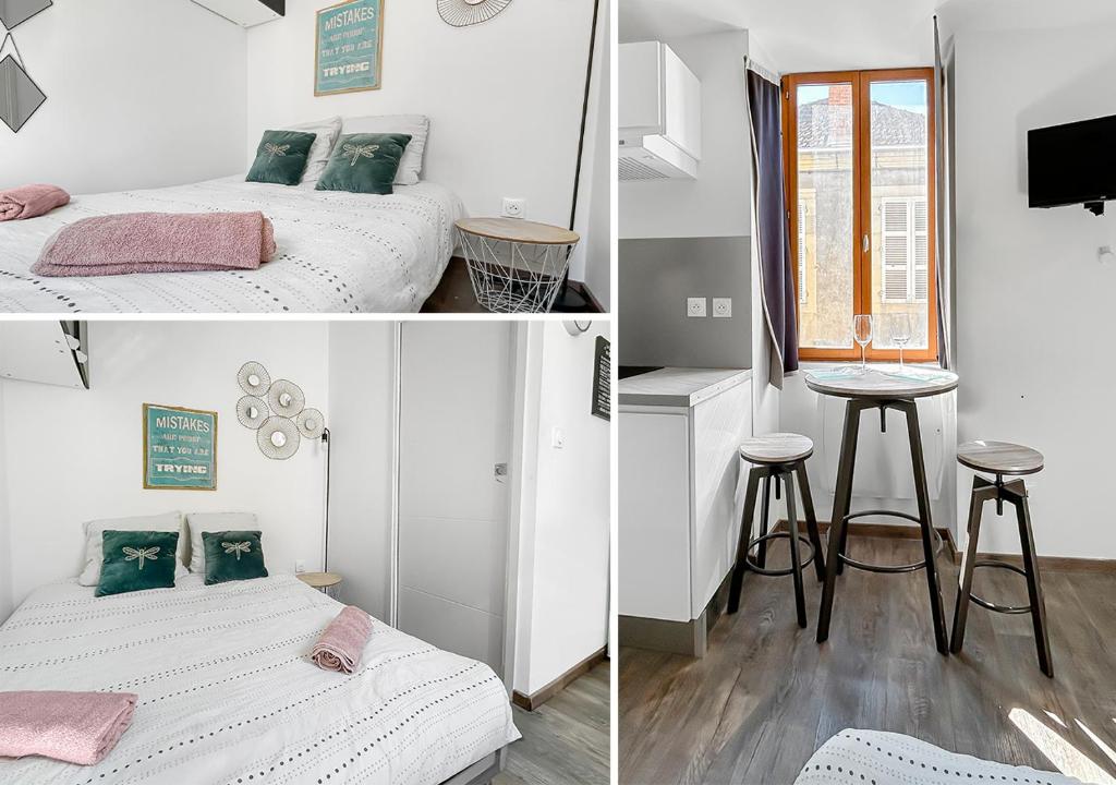 two pictures of a bedroom with two beds and a table at Studio à Montluçon in Montluçon