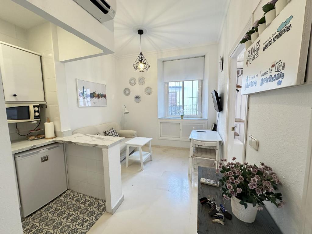 kuchnia z blatem i stołem w pokoju w obiekcie Encantador apartamento en el centro de Sevilla w Sewilli