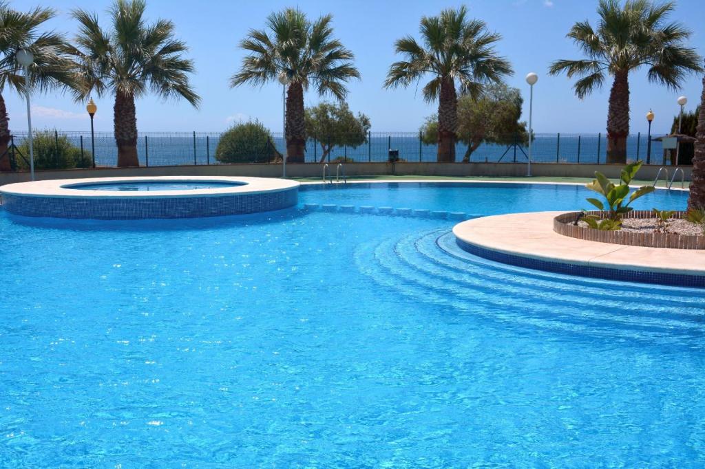 a swimming pool with palm trees and the ocean at Apartament z widokiem na morze Cabo Roig in Orihuela Costa