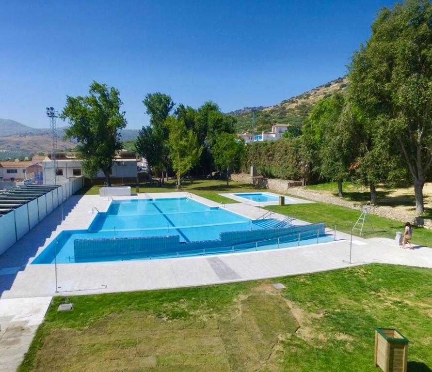 a large swimming pool in a yard with trees and a building at Casa Cruz de Marbella Luque in Luque
