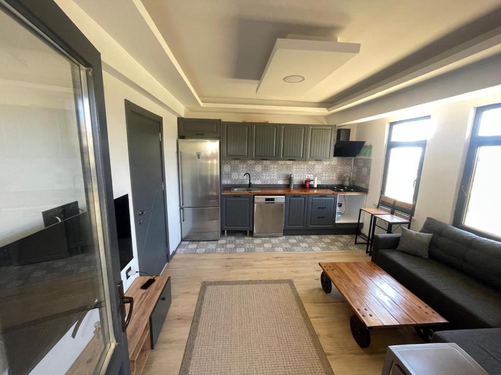 a living room with a couch and a kitchen at Spacious and modern apartment with a view in Gökçeada