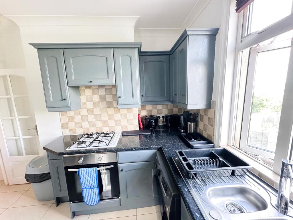 a kitchen with blue cabinets and a sink at 11 Guests - 6min Drive to the Wembley Stadium in London