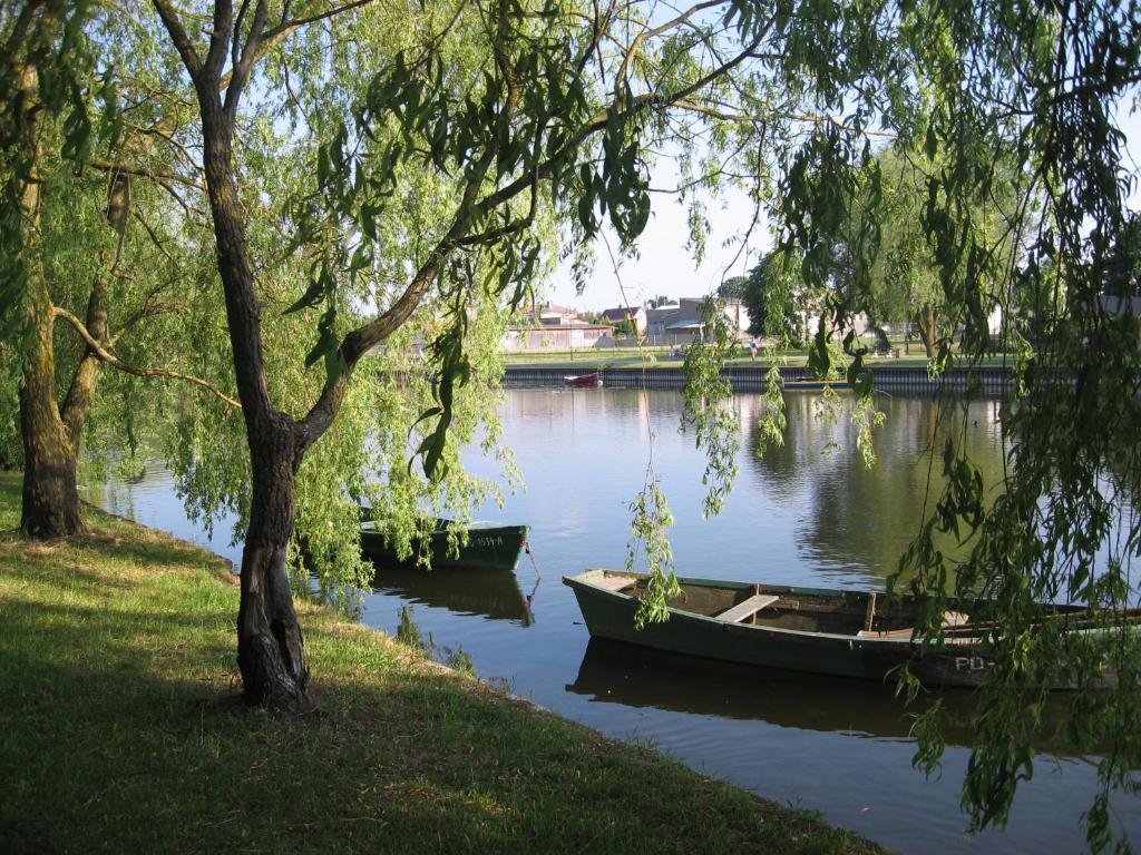 two boats sitting on a river with trees at Pokoje i domki nad Kanałem Bystrym in Augustów