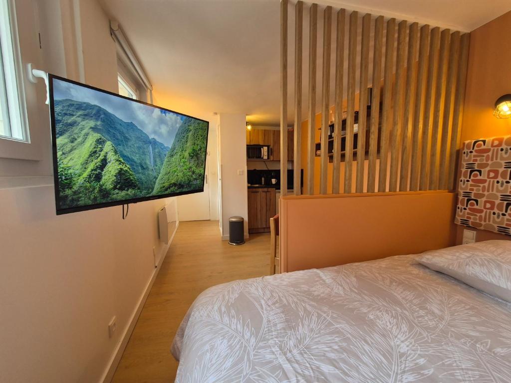 - une chambre avec une télévision murale à écran plat dans l'établissement Studio Rouen Hypercentre 2 personnes Le Terracotta, à Rouen
