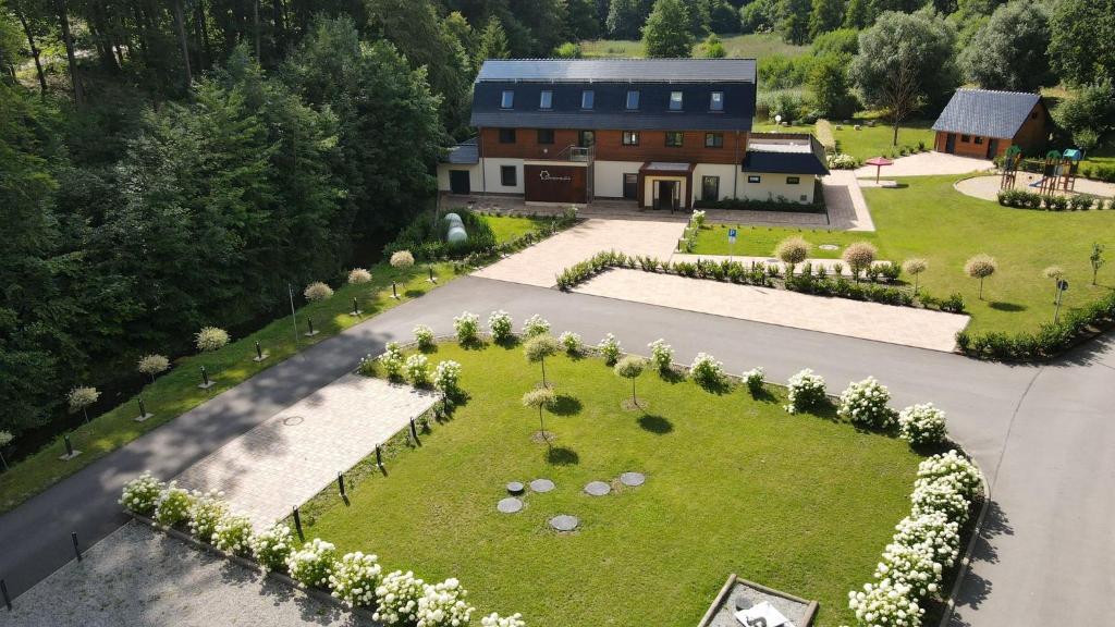 an aerial view of a house with a garden at Schössersmühle in Eisenberg