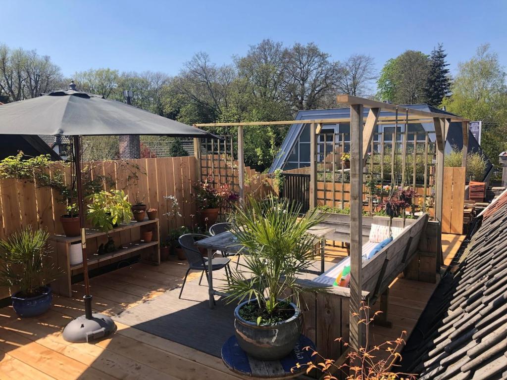un patio con plantas, una sombrilla y una piscina en Ruim appartement met terras rustig gelegen, centrum Bergen, en Bergen