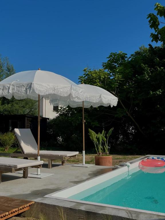 - une piscine avec un parasol, une table et un banc dans l'établissement Maison familiale, à Soorts-Hossegor