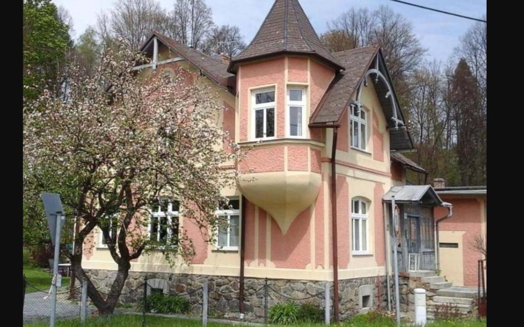 利波瓦拉尼Rodinný apartmán Villa Magnólie - Lipová lázně的大型粉红色房屋,