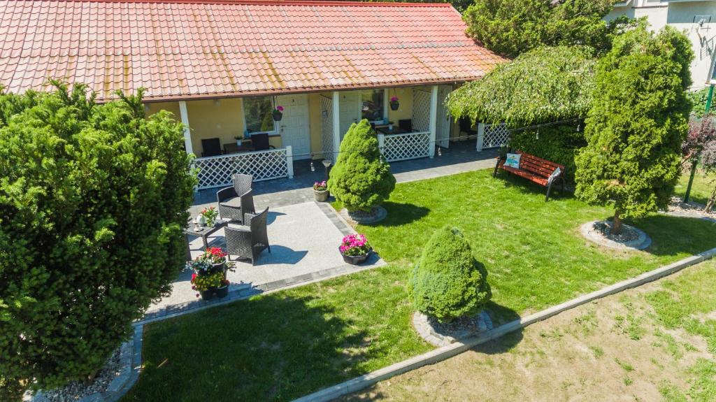 an aerial view of a house with a garden at Malinowka in Jantar