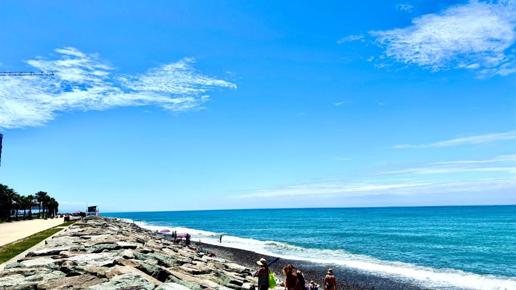 un grupo de personas de pie en una playa cerca del océano en New apartments "Park Primorsky", en Batumi